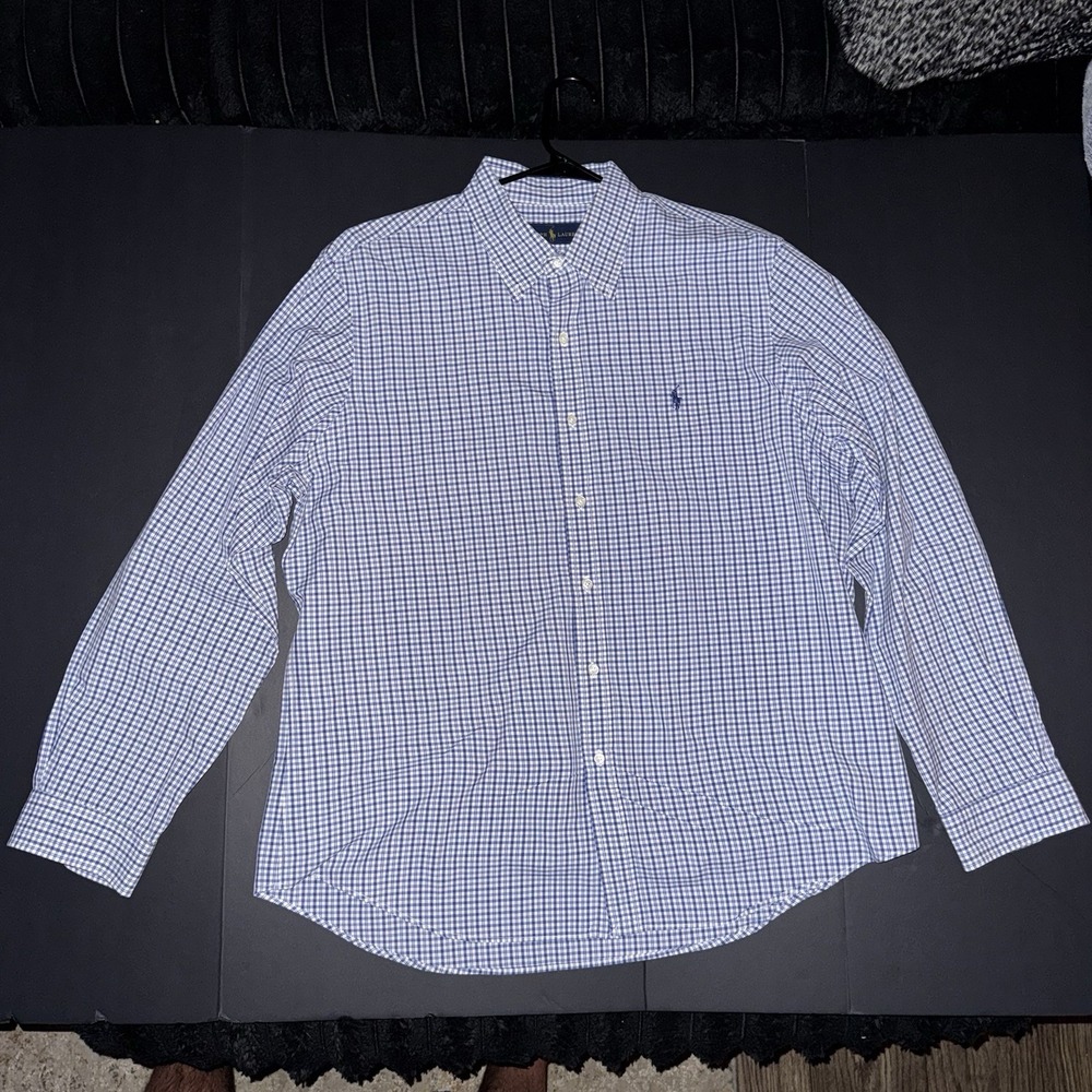 Men's XL Ralph Lauren Cotton Blue White Check Long Sleeve Button-Down Shirt